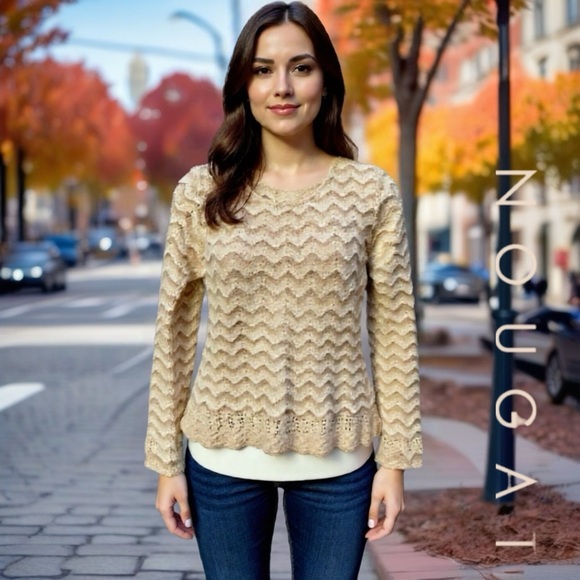 91 100% Wool Women's Tan Chevron Sweater - Picture 1 of 7